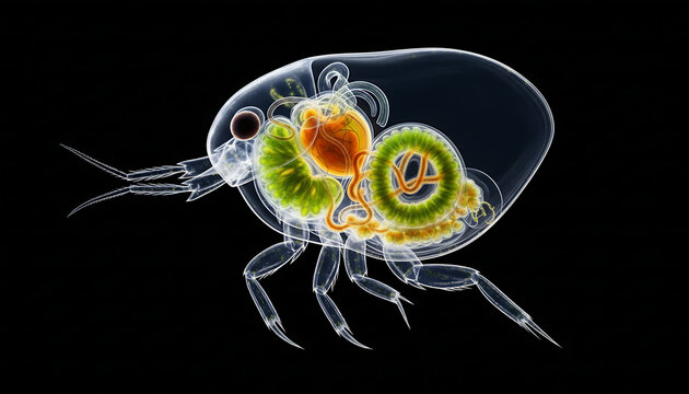 Transparent Water Flea Anatomy with Detailed Internal Organs on Black