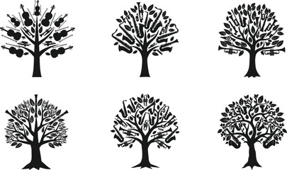 Musical tree silhouettes, instrument-themed art, creative nature design, black and white illustration, music and nature fusion, artistic concept, stylized trees