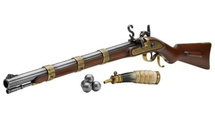 Historic Japanese Tanegashima matchlock arquebus with ornate brass bands and ammunition