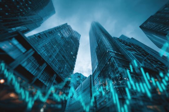 Low-angle perspective of skyscrapers, overlayed with a teal stock market graph