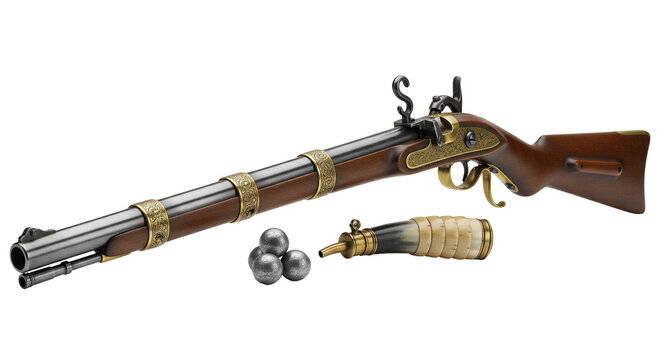 Historic Japanese Tanegashima matchlock arquebus with ornate brass bands and ammunition