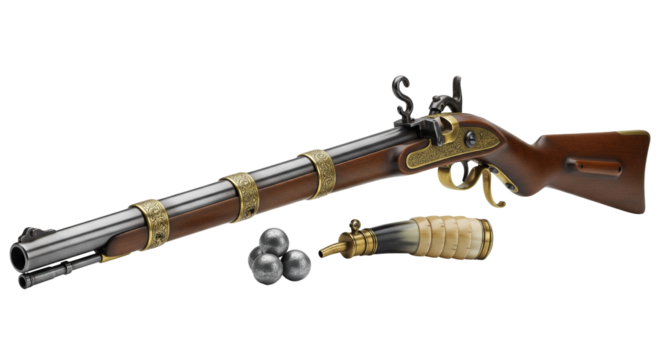 Historic Japanese Tanegashima matchlock arquebus with ornate brass bands and ammunition