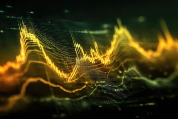Glowing waveform art in shades of green and gold; digital rendering depicting data trends