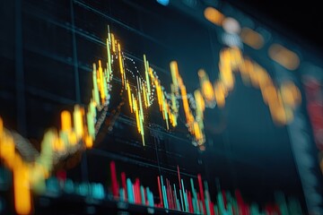 A close-up of a computer screen displaying a financial chart with fluctuating data