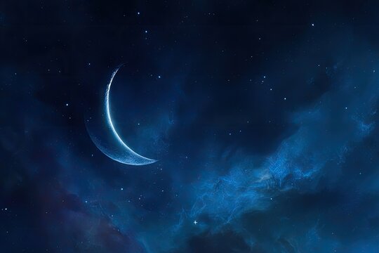 A crescent moon shines amidst a starry night sky, with swirling nebulae creating a cosmic panorama