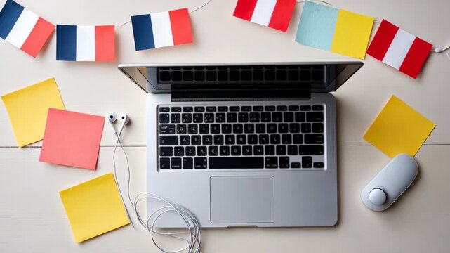 Vibrant workspace with flags and tech gadgets transitioning overhead