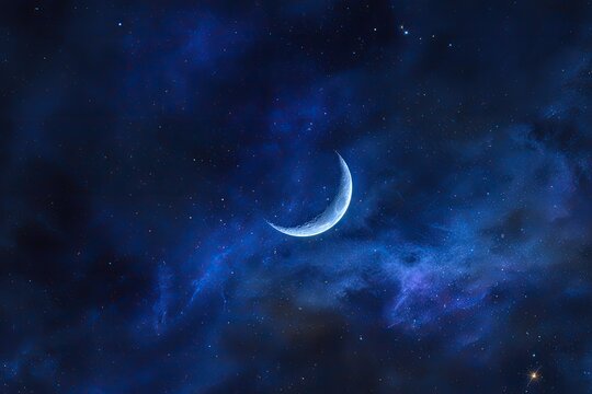 A crescent moon shines brightly amidst nebulous cosmic clouds and countless stars in the midnight expanse - Powered by Adobe