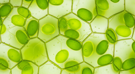 Vibrant microscopic view of plant cells showcasing chloroplasts within a detailed cellular structure, highlighting the fundamental biological processes of photosynthesis and botanical life