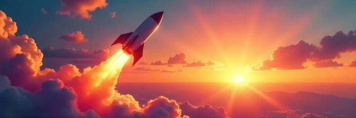Fototapeta premium A triumphant, soaring rocket leaving a bright trail against a vibrant sunset sky, representing achievement and success , goal, launch, clouds