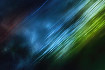 Diagonal streaks of green and blue light blend over a dark background, creating an abstract image