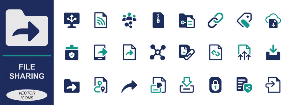 File sharing icon set with upload, download, cloud, sync, secure, folder, and data symbols. Perfect for apps, storage, transfer, network, and digital use.