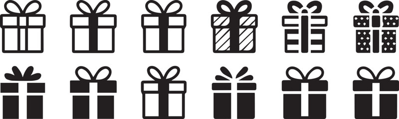 black and white gift box icon pack variations ribbon bow striped polka dot solid silhouette vector ai eps png