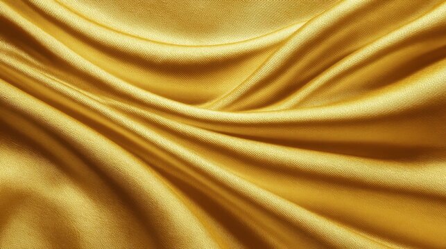 Luxurious gold-colored fabric with a silky sheen drapes in elegant waves and folds for a beautiful abstract texture