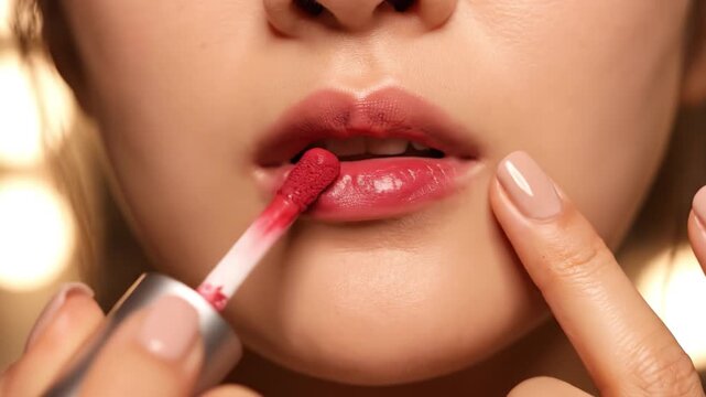 Close up application of vibrant red liquid lipstick and gloss on lips, showcasing beauty and makeup artistry with precision brush for stunning glossy finish