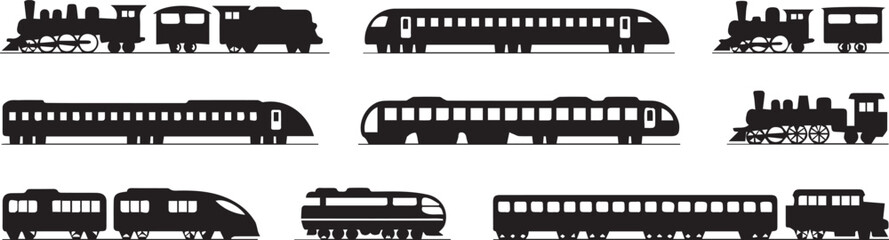 Fototapeta premium silhouettes of trains evolution from steam to modern passenger models vector set ai eps jpeg png