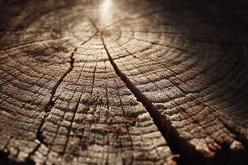 Close-up of a tree trunk cross-section, showing growth rings and cracks, rustic and natural