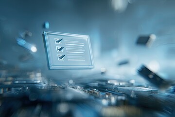 Digital rendering of a floating checklist, illuminated, with a blurred background of electronic components