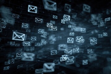 Digitally rendered abstract of floating envelopes, interconnected via lines, with a dark, atmospheric backdrop