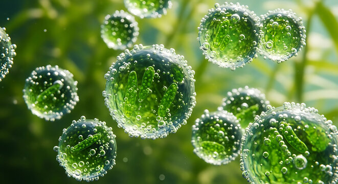 Microscopic Algae Captivating Close-up of Green Algae Cells in a Watery Environment