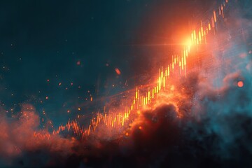 Visualization of a financial chart going upwards, engulfed in fiery colors and smoky atmosphere