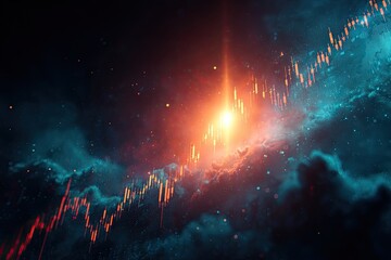 Financial market visual showing rising trendline set against a backdrop of clouds and a central light