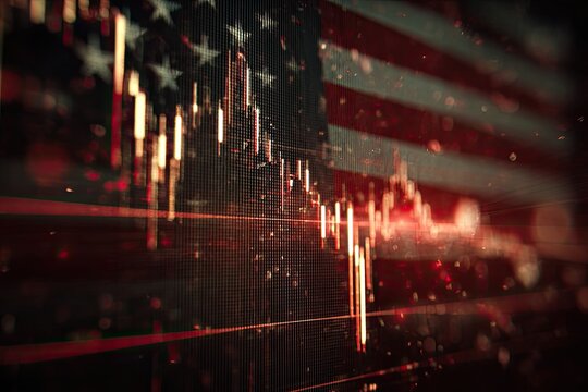 Red-toned financial chart overlays an American flag, evoking economic volatility