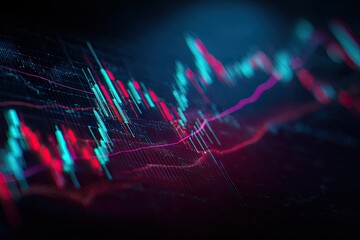 Close-up of a financial market graph displaying trading data, with vibrant red and blue lines