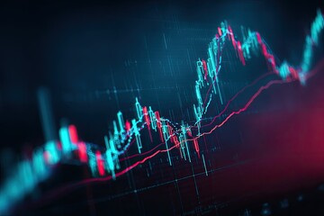 A close-up of a stock market chart with red and blue lines showing market performance