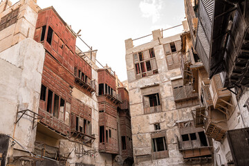 Wooden covered balconies in the historic center of Al Balad in Jeddah, typical of Hijazi architecture