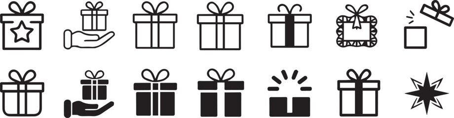black and white present icons pack 14 styles | ribbon, wrapped box, hands, silhouette and lineart vectors for holiday design