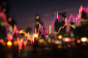 Financial graph overlayed on blurred city lights at dusk, highlighting data trends with pink and yellow bars