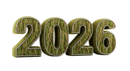Year 2026 with grassy texture isolated on transparent background