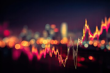 A vibrant, glowing financial graph with city lights blurred in background. Abstract, artistic feel