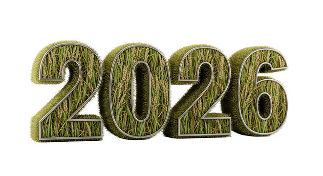 Year 2026 with grassy texture isolated on transparent background