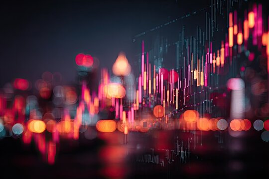 Abstract image with financial data overlaid on a blurry cityscape at night. Red & pink hues