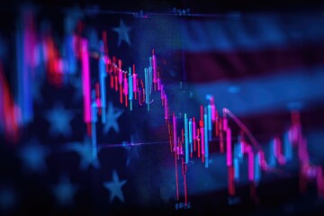 A stock market chart with declining trends against a blurred American flag background