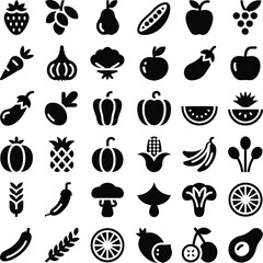 Fruit and vegetable silhouette icon set with strawberry, grapes, pear, apple, carrot, garlic, pepper, corn, and tropical produce