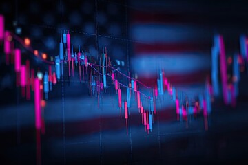 Charting financial data using candlesticks over a blurred American flag background