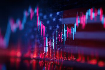 Abstract financial market chart overlaying a blurry American flag, blue and red tones