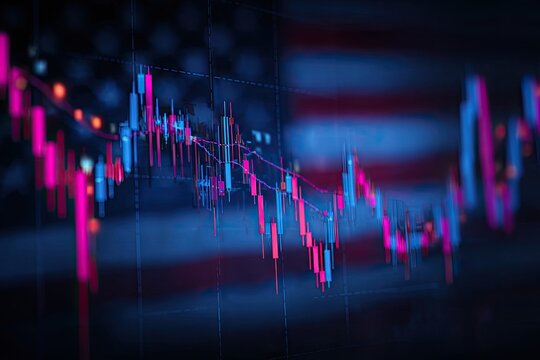Charting financial data using candlesticks over a blurred American flag background