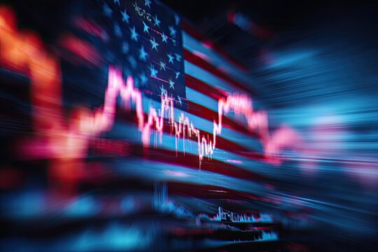 Abstract image showing a falling stock market graph superimposed over an American flag