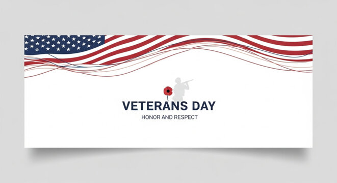 Veterans day banner with american flag, soldier and poppy illustration