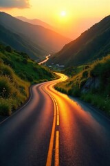 A vanishing point perspective of a winding road disappearing into a lush green valley, bathed in the golden light of sunset The road is paved and curves gently, inviting exploration , sun, path
