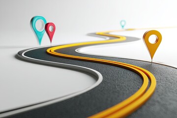 Curving asphalt road with yellow lines and colorful location markers on a white background