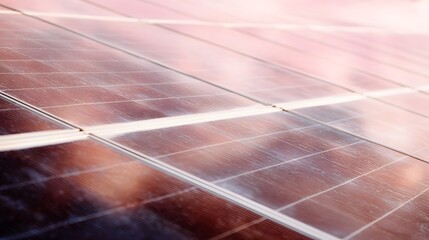 A detailed close up of solar panels bathed in warm soft light showcasing reflective surfaces and geometric patterns of clean energy technology