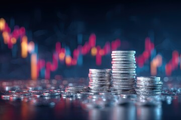 Stacks of coins, with market fluctuations as background