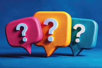 Three vibrant, textured speech bubbles with question marks against a deep blue backdrop