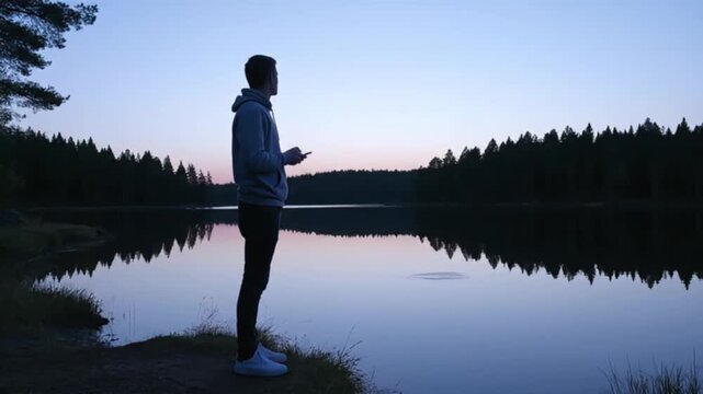 Young man holding smartphone by serene lake at dusk contemplating the peaceful nature scene with stunning forest reflections during blue hour