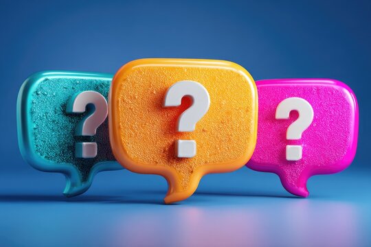 Three colorful, textured chat bubbles, each with a white question mark inside against a blue backdrop