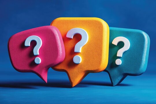 Three vibrant, textured speech bubbles with question marks against a deep blue backdrop